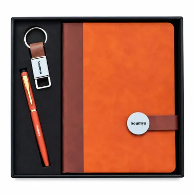 Personalized  Executive Slate Diary, Pen, Keychain Combo (Classic Ember Colour)