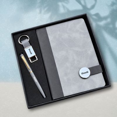 Personalized  Executive Slate Diary, Pen, Keychain Combo (Urban Mist Colour)