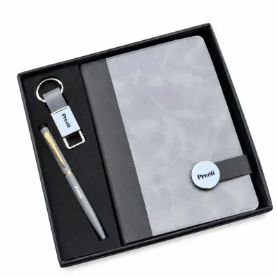 Personalized  Executive Slate Diary, Pen, Keychain Combo (Urban Mist Colour)