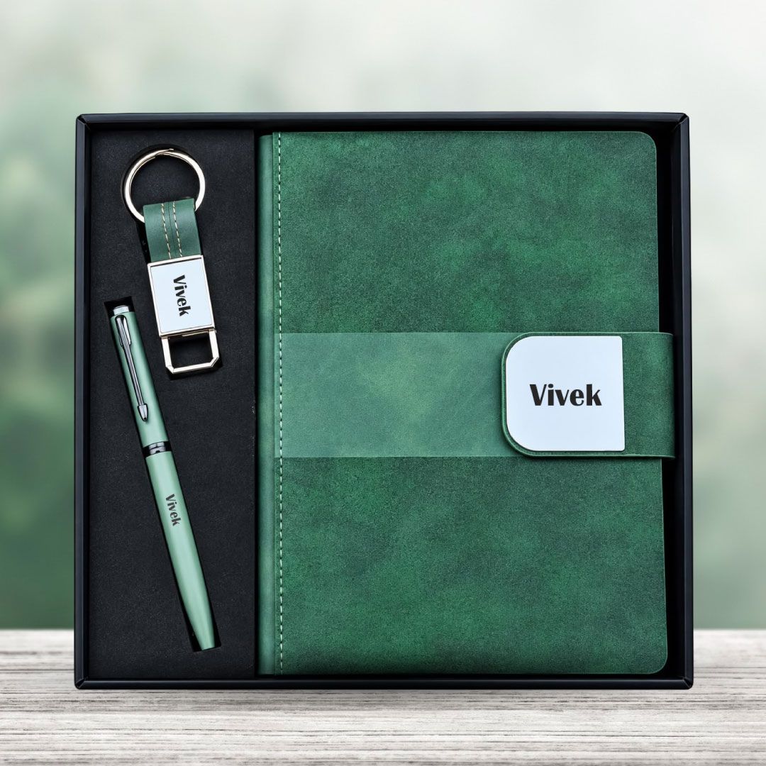 Personalized  Velmont Executive Diary, Pen, Keychain Combo (Emerald Forest Colour)