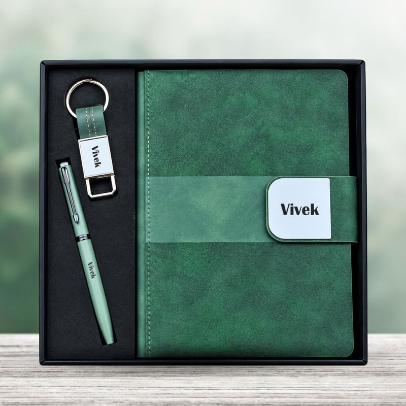 Personalized  Velmont Executive Diary, Pen, Keychain Combo (Emerald Forest Colour)