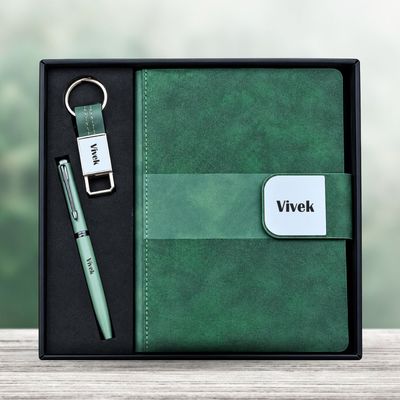 Personalized  Velmont Executive Diary, Pen, Keychain Combo (Emerald Forest Colour)