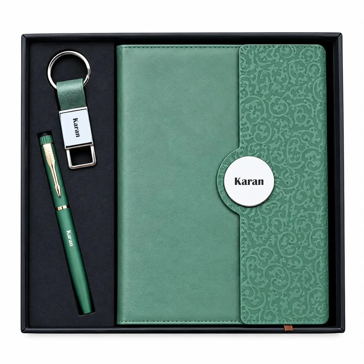 Personalized Boardroom Classic Diary, Pen, Keychain Combo (Regal Olive Colour)