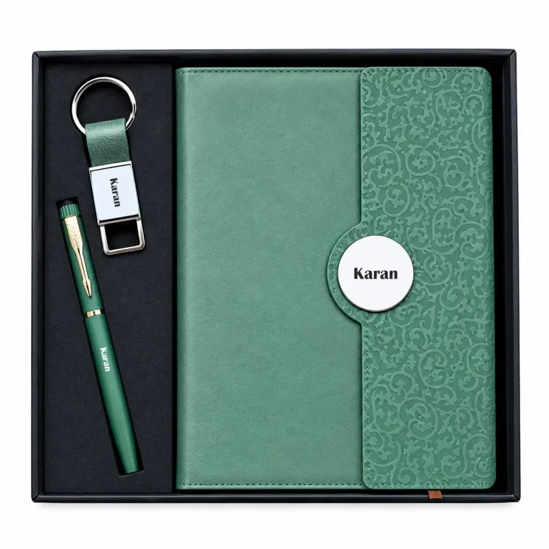 Personalized Boardroom Classic Diary, Pen, Keychain Combo (Regal Olive Colour)