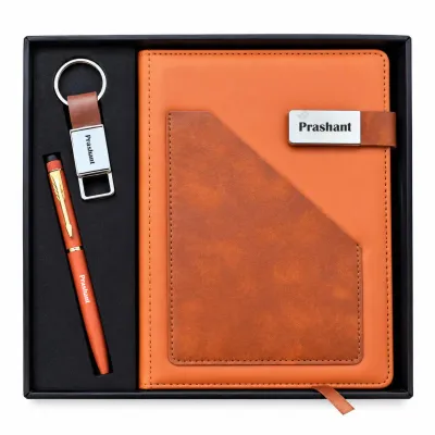 Personalized Terra Luxe Diary, Pen, Keychain Combo (Warm Tan Colour)