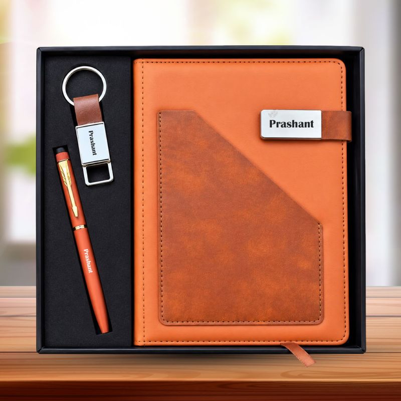 Personalized Terra Luxe Diary, Pen, Keychain Combo (Warm Tan Colour)