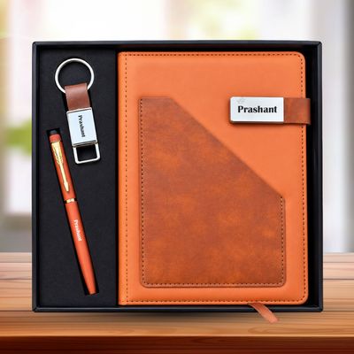 Personalized Terra Luxe Diary, Pen, Keychain Combo (Warm Tan Colour)