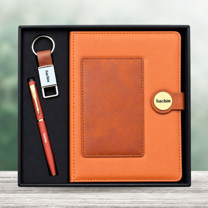 Personalized Dual Colour Diary, Pen, Keychain Combo (Tan Colour)