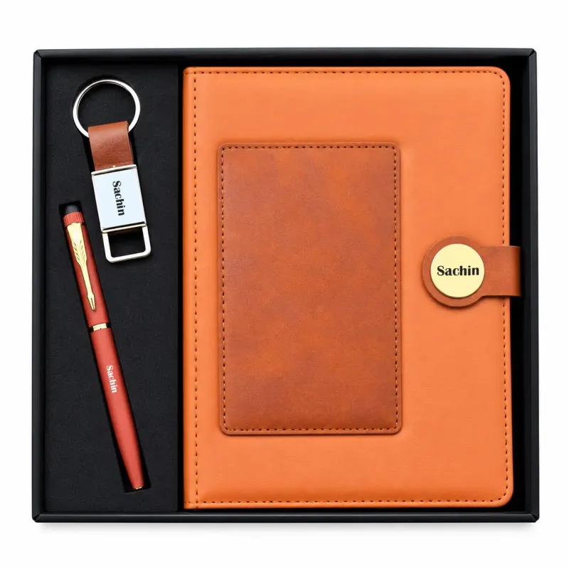 Personalized Dual Colour Diary, Pen, Keychain Combo (Tan Colour)