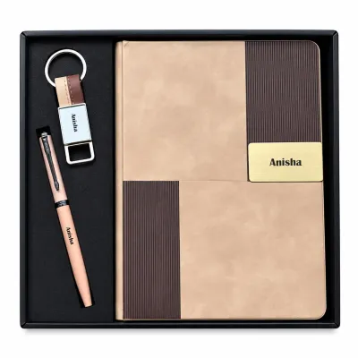 Personalized Vertex Pro Diary, Pen, Keychain Combo (Royal Mocha Gold)