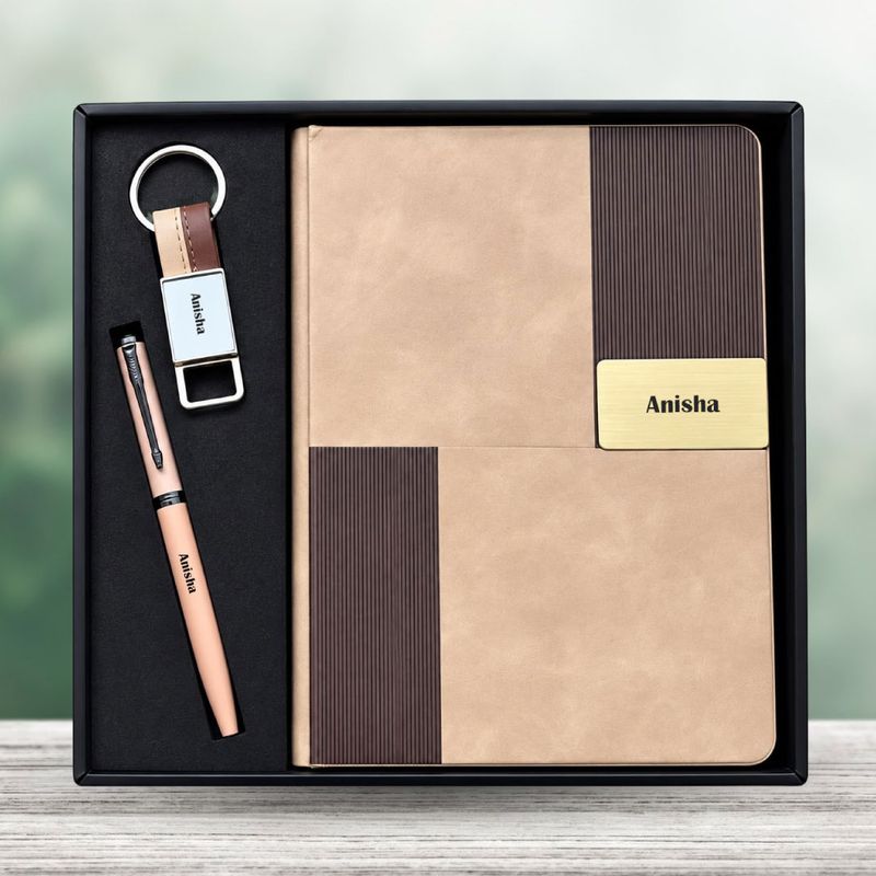 Personalized Vertex Pro Diary, Pen, Keychain Combo (Royal Mocha Gold)
