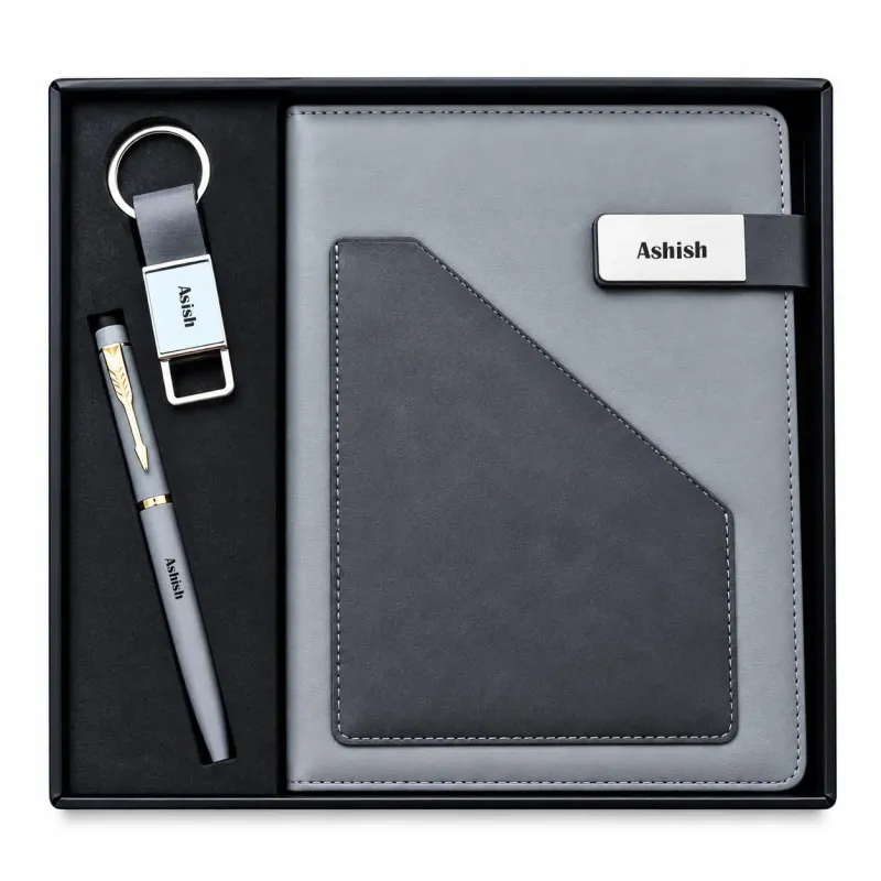 Personalized Terra Luxe Diary, Pen, Keychain Combo (Charcoal Black Colour)