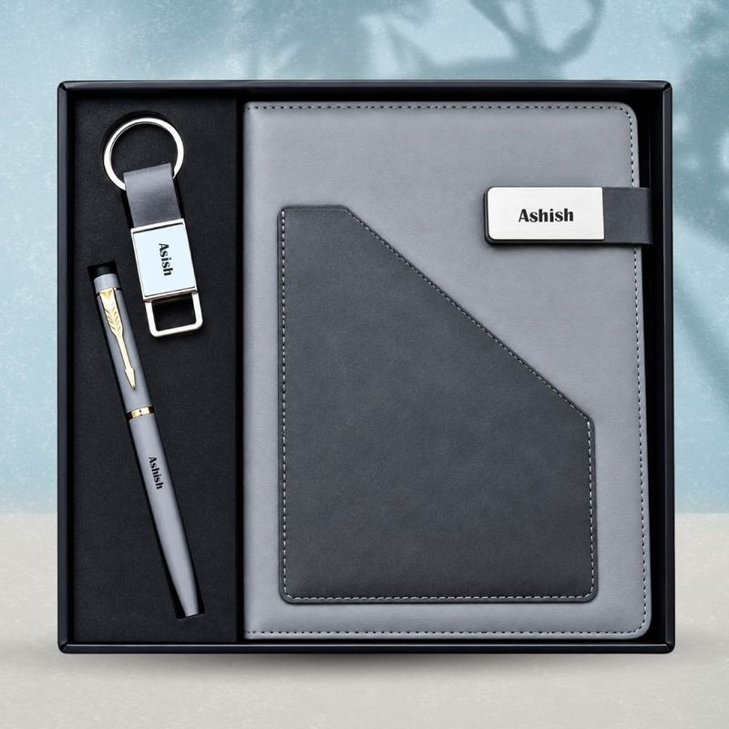 Personalized Terra Luxe Diary, Pen, Keychain Combo (Charcoal Black Colour)