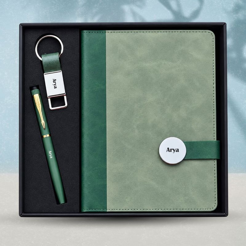 Personalized Executive Slate Diary, Pen, Keychain Combo (Heritage Moss Colour)