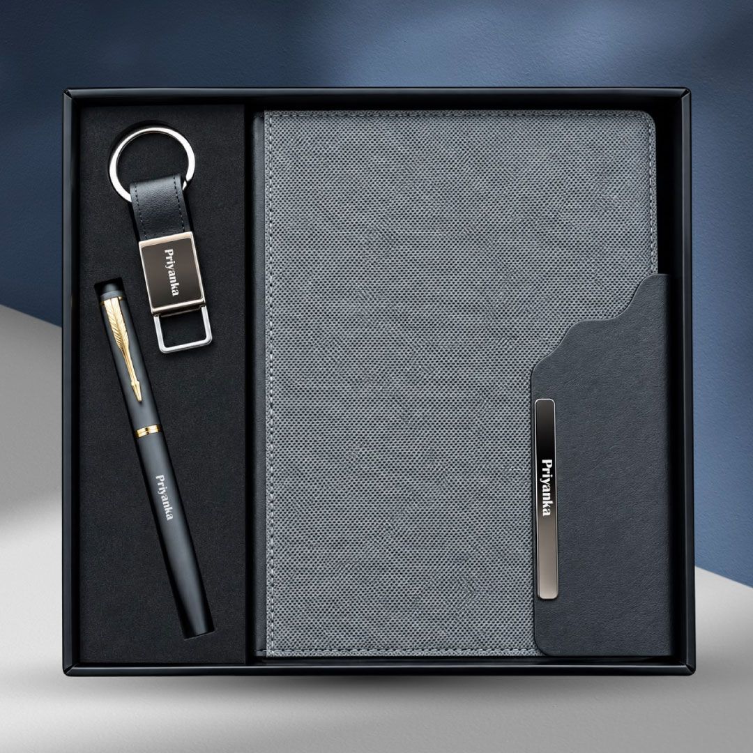 Personalized Strivo Diary, Pen, Keychain Combo (Black Colour)
