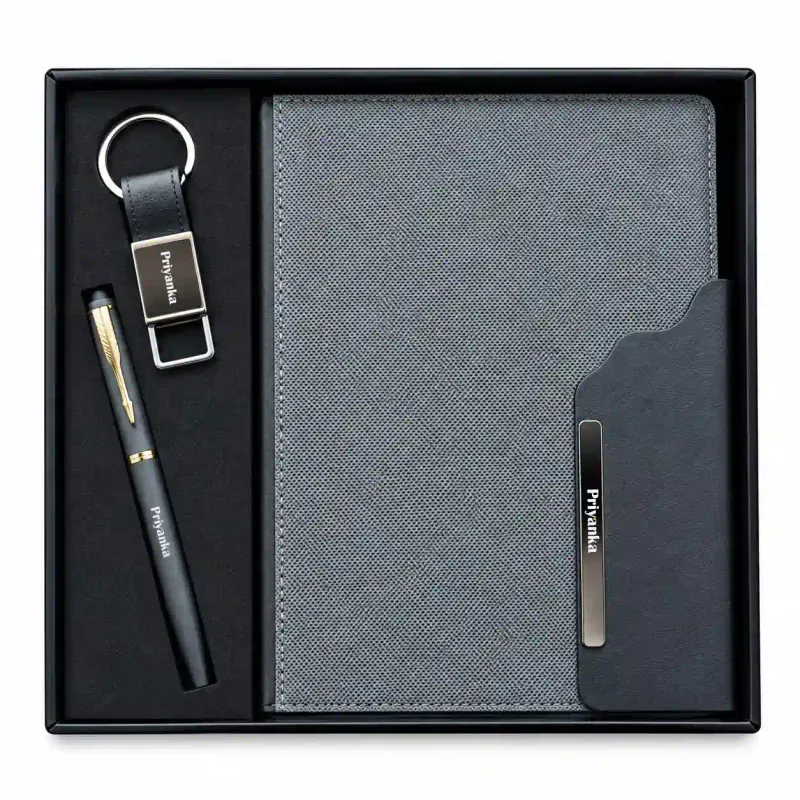 Personalized Strivo Diary, Pen, Keychain Combo (Black Colour)