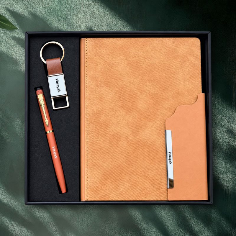 Personalized  Strivo Diary, Pen, Keychain Combo (Tan Colour)