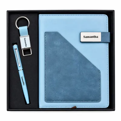 Personalized Terra Luxe Diary, Pen, Keychain Combo (Sky Blue Colour)