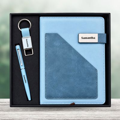 Personalized Terra Luxe Diary, Pen, Keychain Combo (Sky Blue Colour)