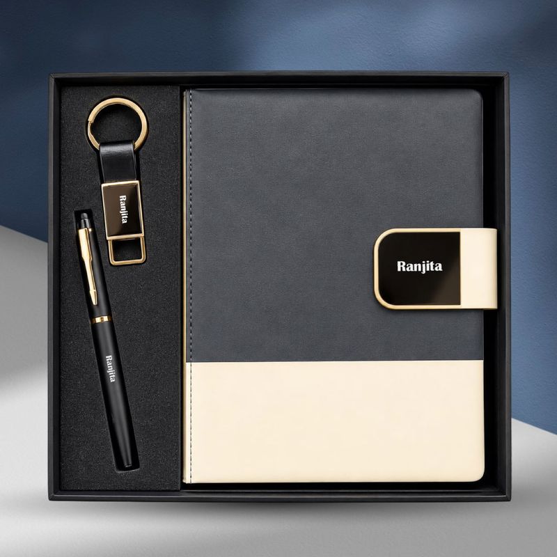 Personalized DuoTone Pro Diary, Pen, Keychain Combo (Charcoal Ivory Colour)