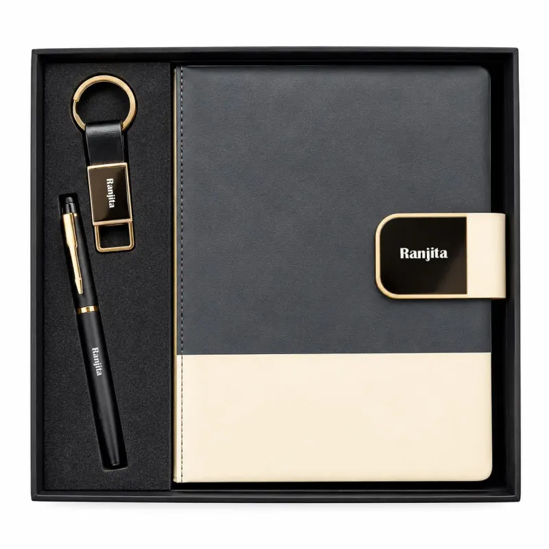 Personalized DuoTone Pro Diary, Pen, Keychain Combo (Charcoal Ivory Colour)