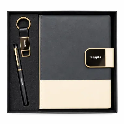 Personalized DuoTone Pro Diary, Pen, Keychain Combo (Charcoal Ivory Colour)