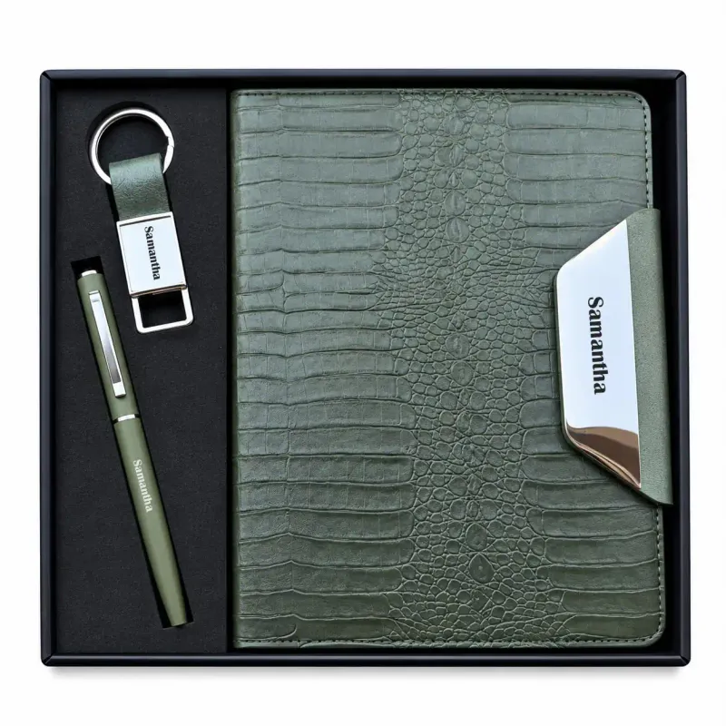 Personalized Alpha Croc Diary, Pen, Keychain Combo (Forest Luxe Colour)