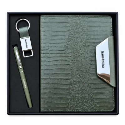 Personalized Alpha Croc Diary, Pen, Keychain Combo (Forest Luxe Colour)