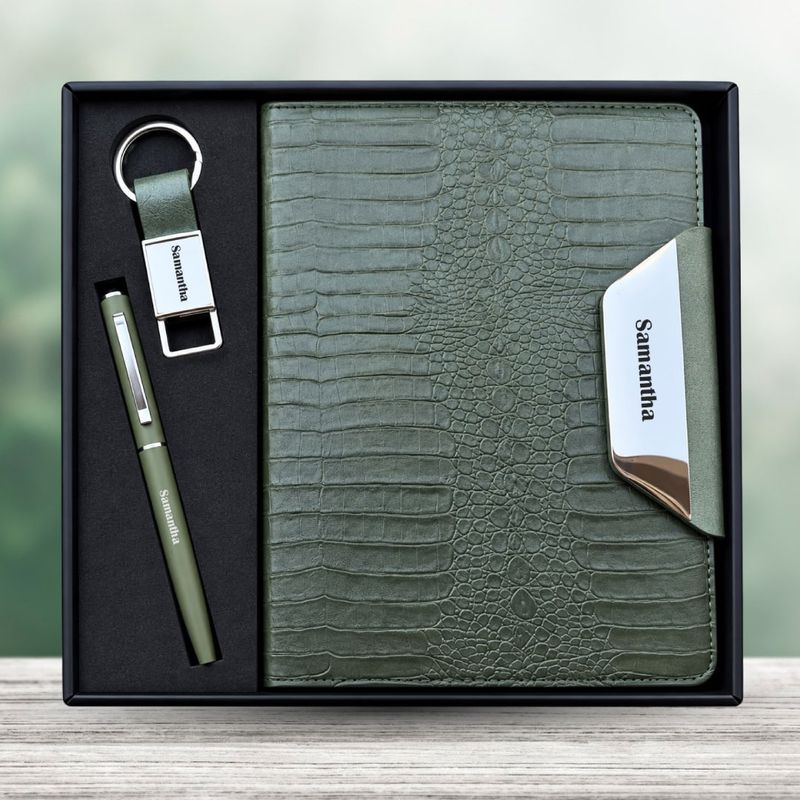 Personalized Alpha Croc Diary, Pen, Keychain Combo (Forest Luxe Colour)