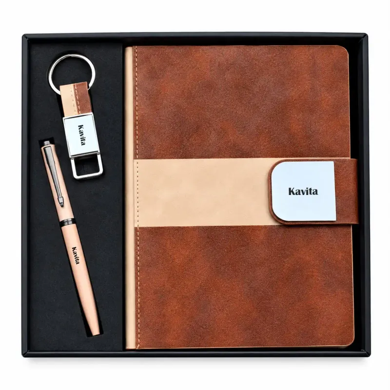 Personalized Velmont Executive Diary, Pen, Keychain Combo (Vintage Walnut Colour)