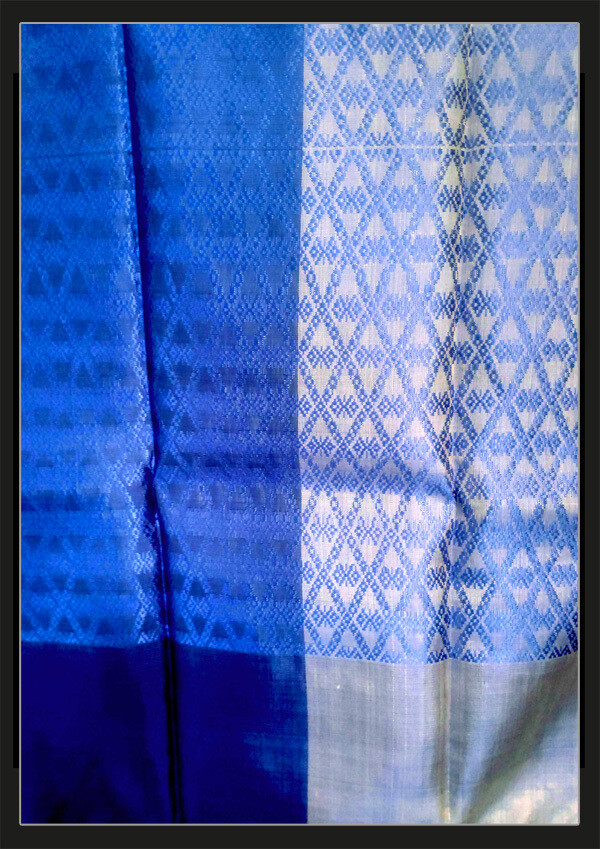 Silk Twill Weave Split Design Blue Floral Sampot Hol