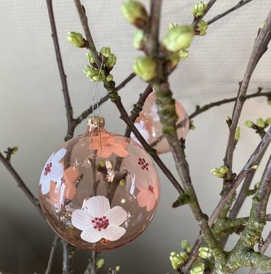 8 cm lyserød glaskugle med blomster