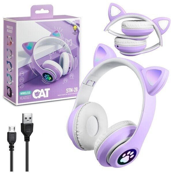 Беспроводные Bluetooth наушники детские с ушками котика LED+ Светящиеся уши "Cat STN-28"