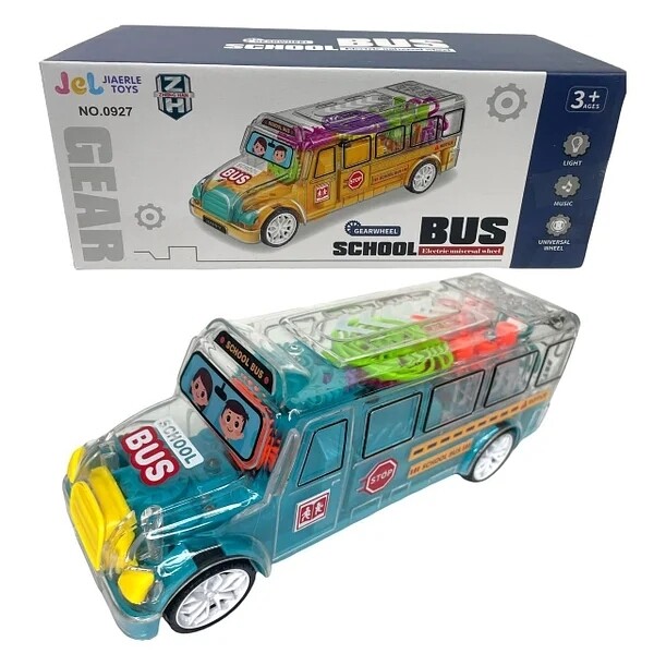Светящийся "Автобус" с шестерёнками Прозрачная машинка с подсветкой и музыкальными эффектами "Gear School Bus"