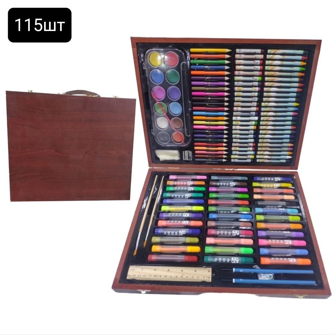 Художественный набор для рисования в деревянном кейсе, набор для творчества 115 предметов