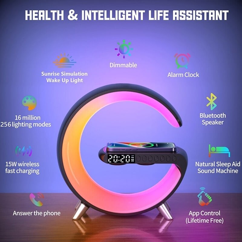 RGB Светильник ночник + будильник 5в1 с беспроводной зарядкой и Bluetooth колонкой "Smart Light Sound Machine"