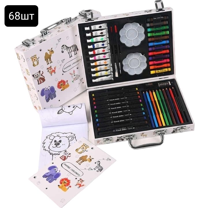 Художественный набор для рисования в металлическом чемоданчике "Зверюшки - Inspire children" 68 предметов