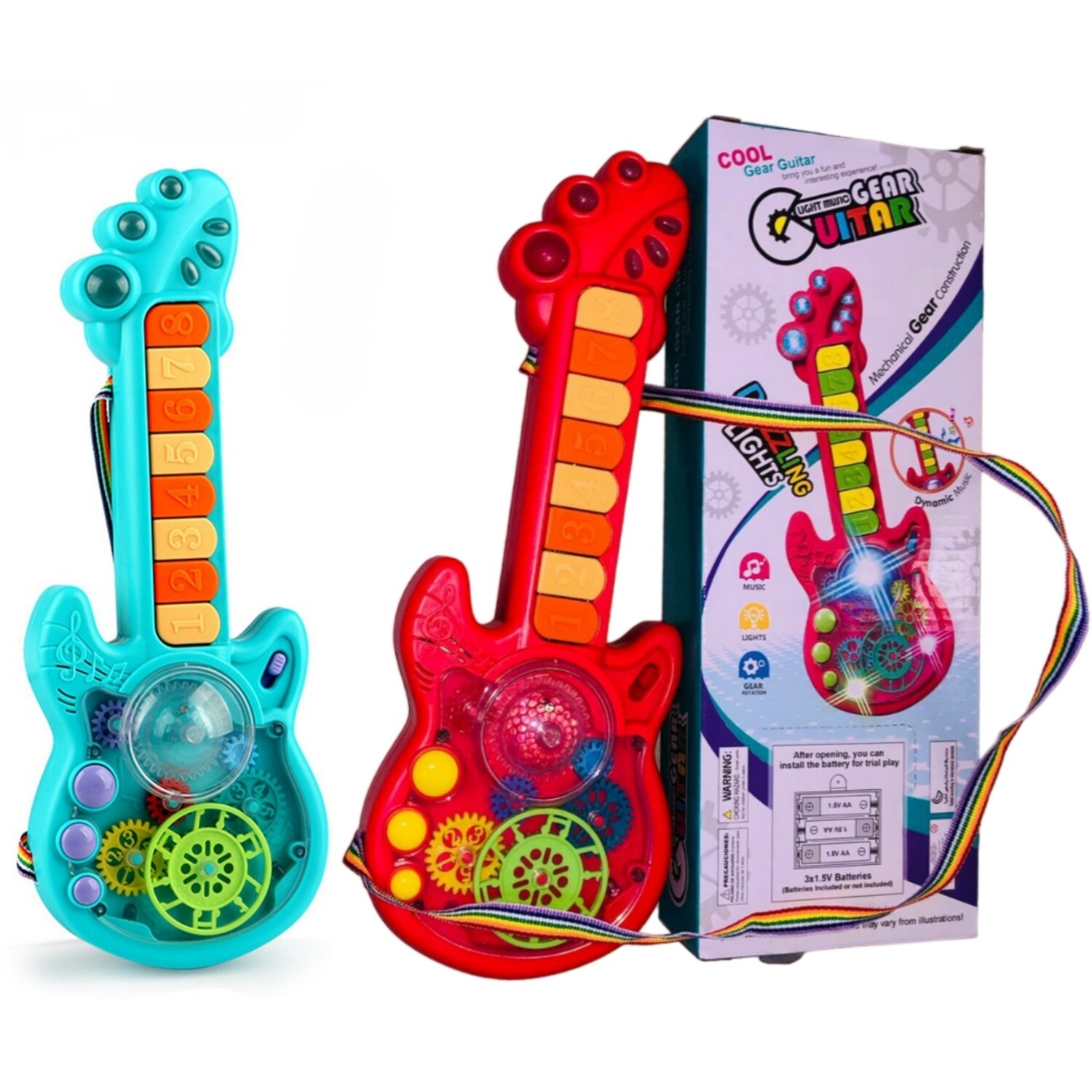 Интерактивная игрушка, светящаяся прозрачная "Гитара" с шестерёнками, со светом и музыкой "Transparent GEAR GUITAR"