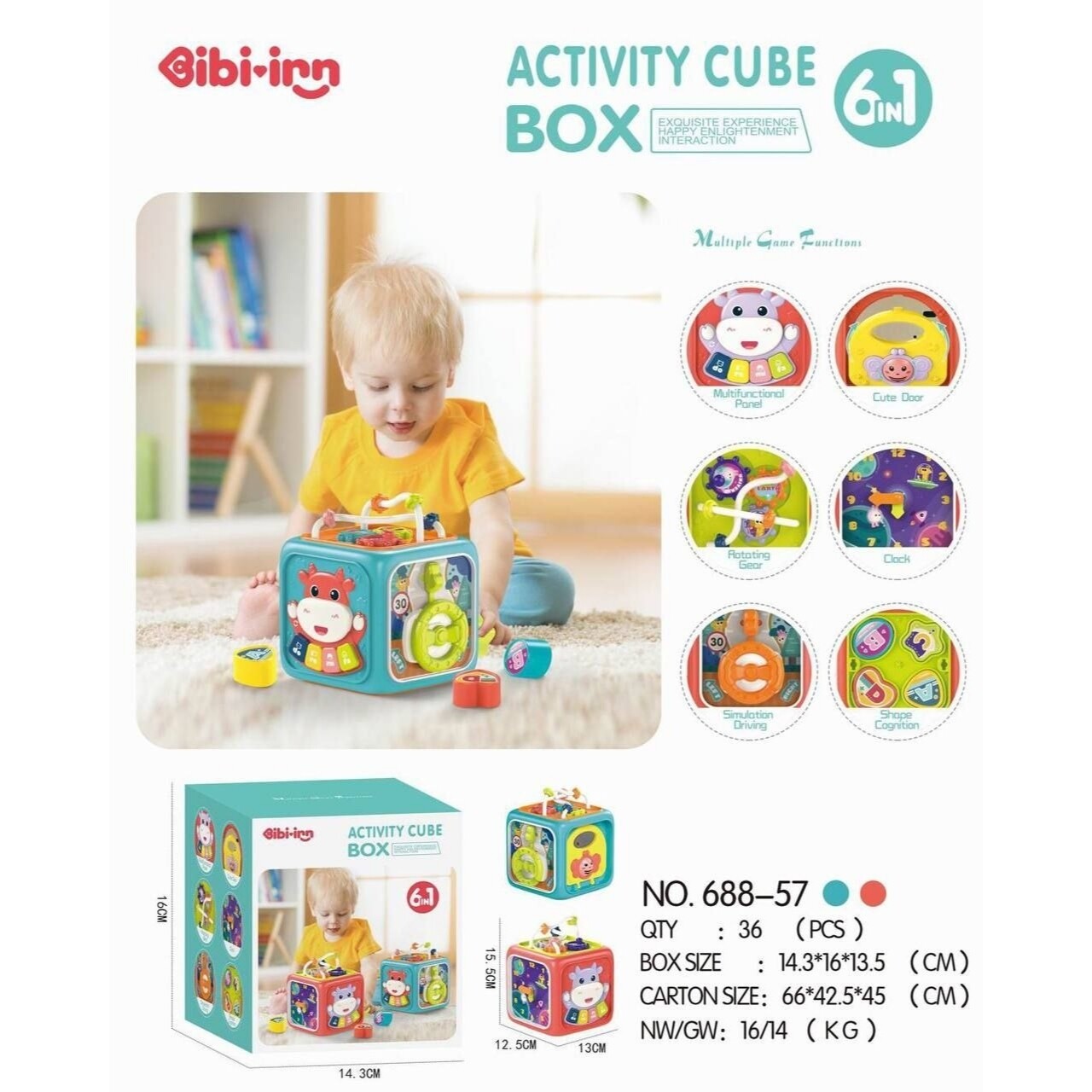 Музыкальная игрушка сортер для малышей монтессори, бизиборд, Бокс для сортировки Кубика активности "Activity Cube Box / NO.688-57" 6in1