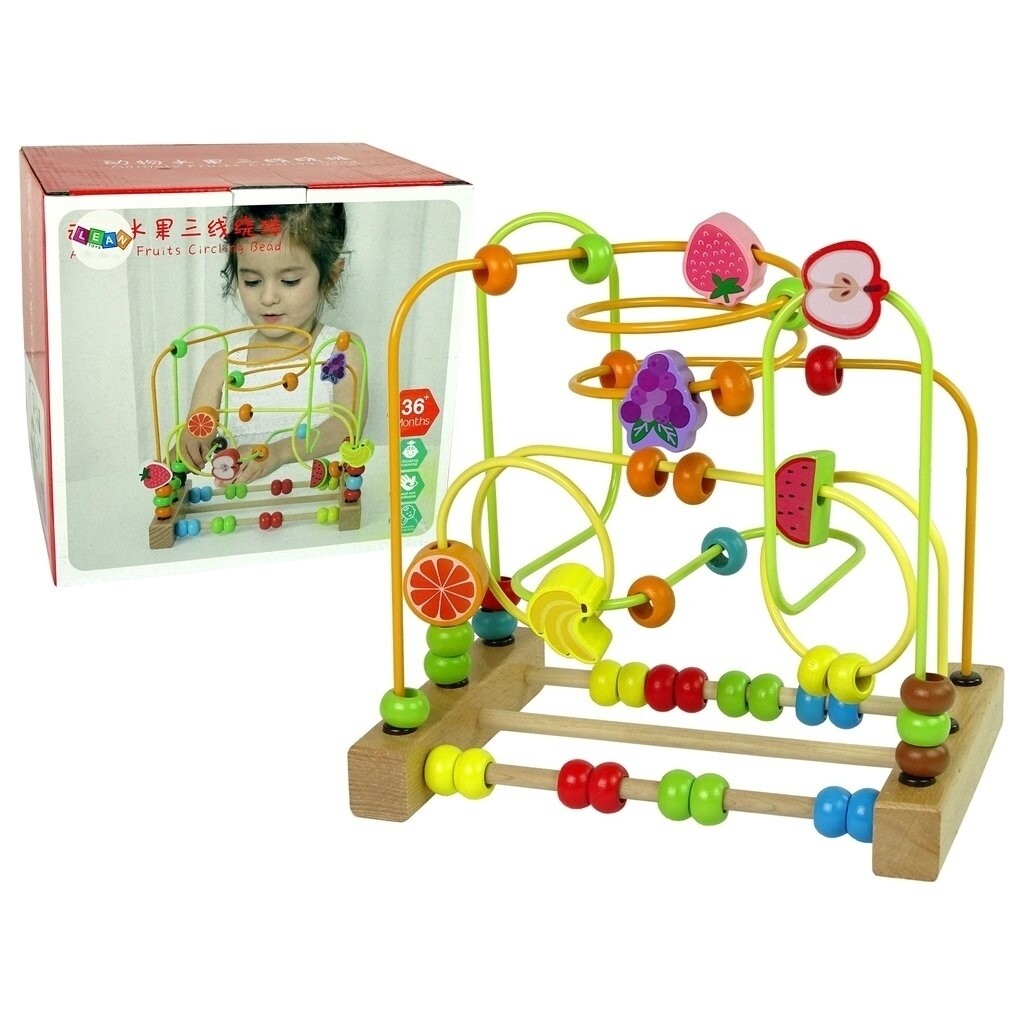 Деревянная игрушка Лабиринт - Счеты, кружащаяся с бусинами "Животные фрукты три линии / Animal Fruits Circlang Bead"