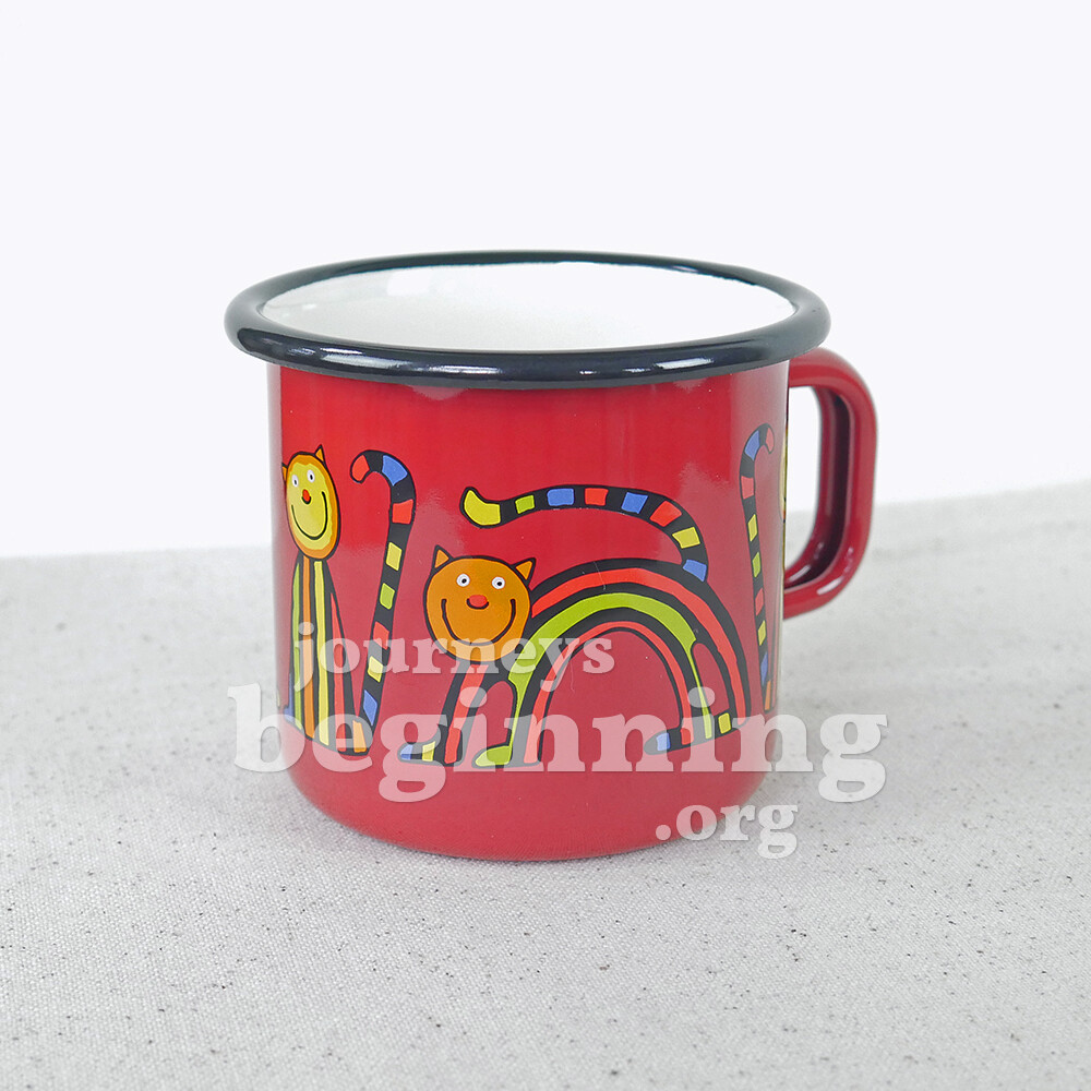Striped Cat Enamel Mug - Crimson Red