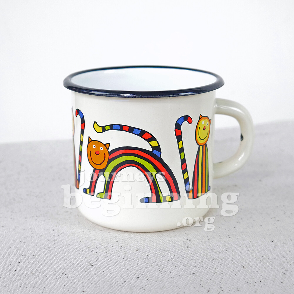 Striped Cat Enamel Mug - White