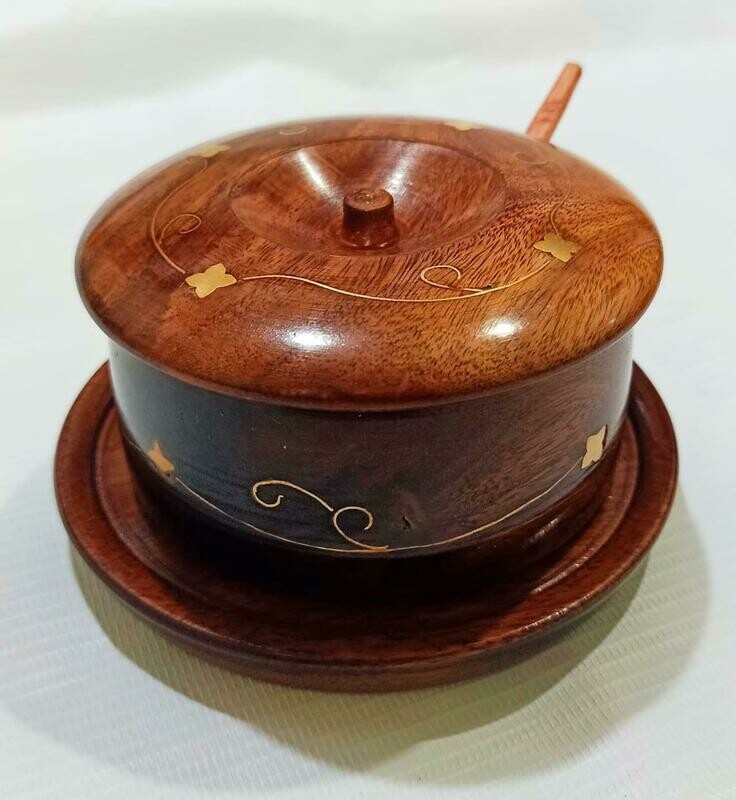 WOODEN SUGAR POT WITH BRASS WORK