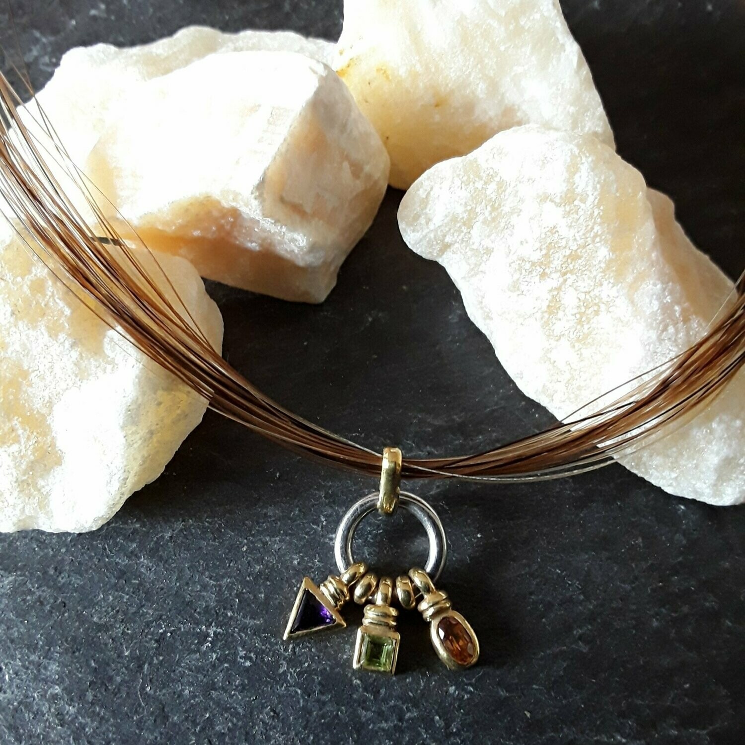 Collier "Triangel" Platin, 750/-Gellbgold, Amethyst, Peridot, Citrin