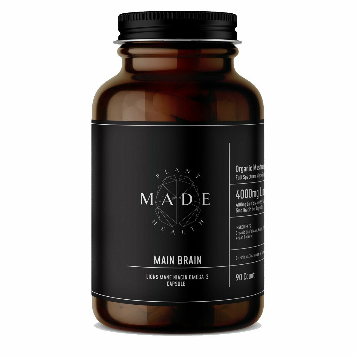 MADE Plant Health - Main Brain 400mg Lion's Mane, 5mg Niacin + Omega-3 Capsules - 90Ct. 