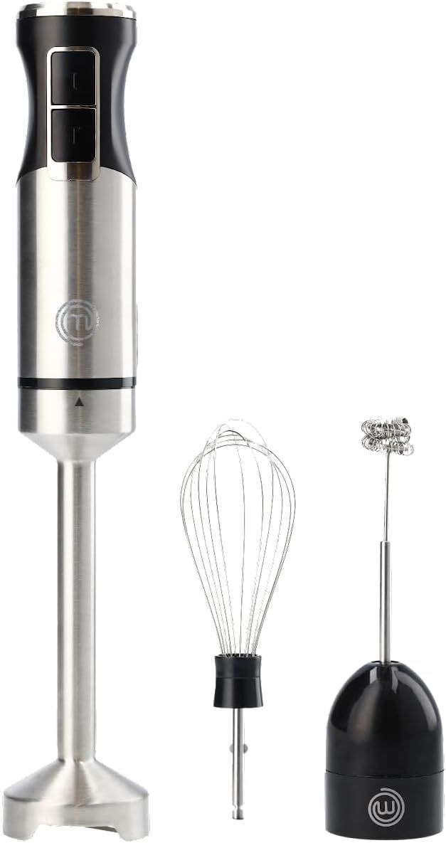 MasterChef Immersion Blender Handheld with Electric Whisk &amp; Milk Frother Attachments, Hand Held Stainless Steel Stick Emulsifier for Making Baby Food, Soup, Puree, Cake, Cappuccino, Latte etc, 400W