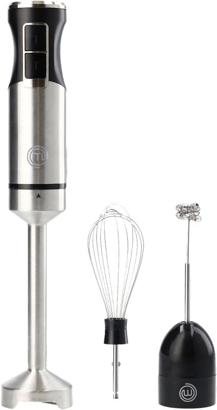 MasterChef Immersion Blender Handheld with Electric Whisk &amp; Milk Frother Attachments, Hand Held Stainless Steel Stick Emulsifier for Making Baby Food, Soup, Puree, Cake, Cappuccino, Latte etc, 400W
