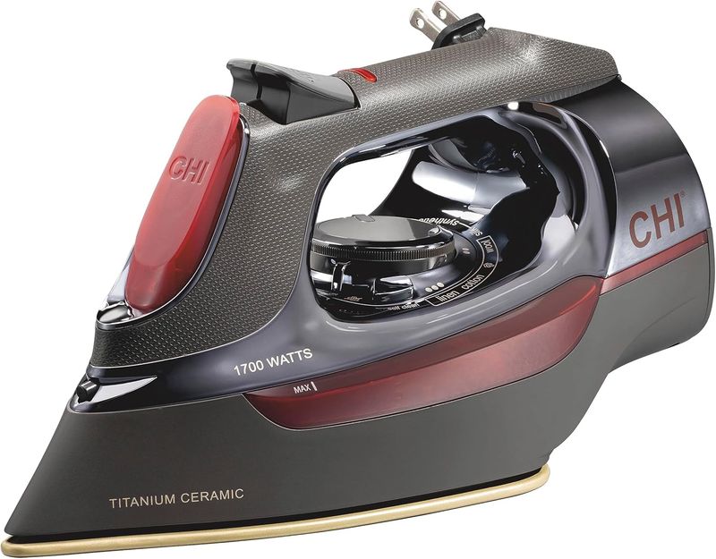 CHI Steam Iron for Clothes with 8â€™ Retractable Cord, 1700 Watts, 3-Way Auto Shutoff, 400+ Holes, Professional Grade, Temperature Control Dial, Titanium Infused Ceramic Soleplate, Black/Chrome (13109