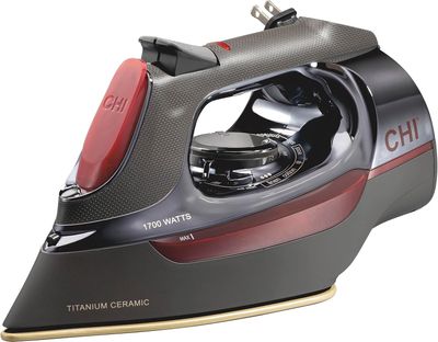 CHI Steam Iron for Clothes with 8â€™ Retractable Cord, 1700 Watts, 3-Way Auto Shutoff, 400+ Holes, Professional Grade, Temperature Control Dial, Titanium Infused Ceramic Soleplate, Black/Chrome (13109