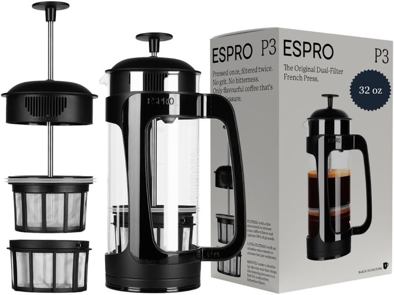 ESPRO - P3 French Press - Double Micro-Filtered Coffee and Tea Maker, Grit-Free and Bitterness-Free Brews, Ideal for Loose Tea and Coffee Grounds - (Black, 32 Oz)